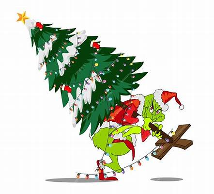 Cartoon Grinch character dismantling a decorated Christmas tree, symbolizing Grinching Christmas holiday décor removal services.