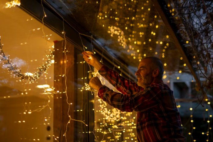 Man taking down outdoor holiday string lights as part of Grinching Christmas décor removal and cleanup service.